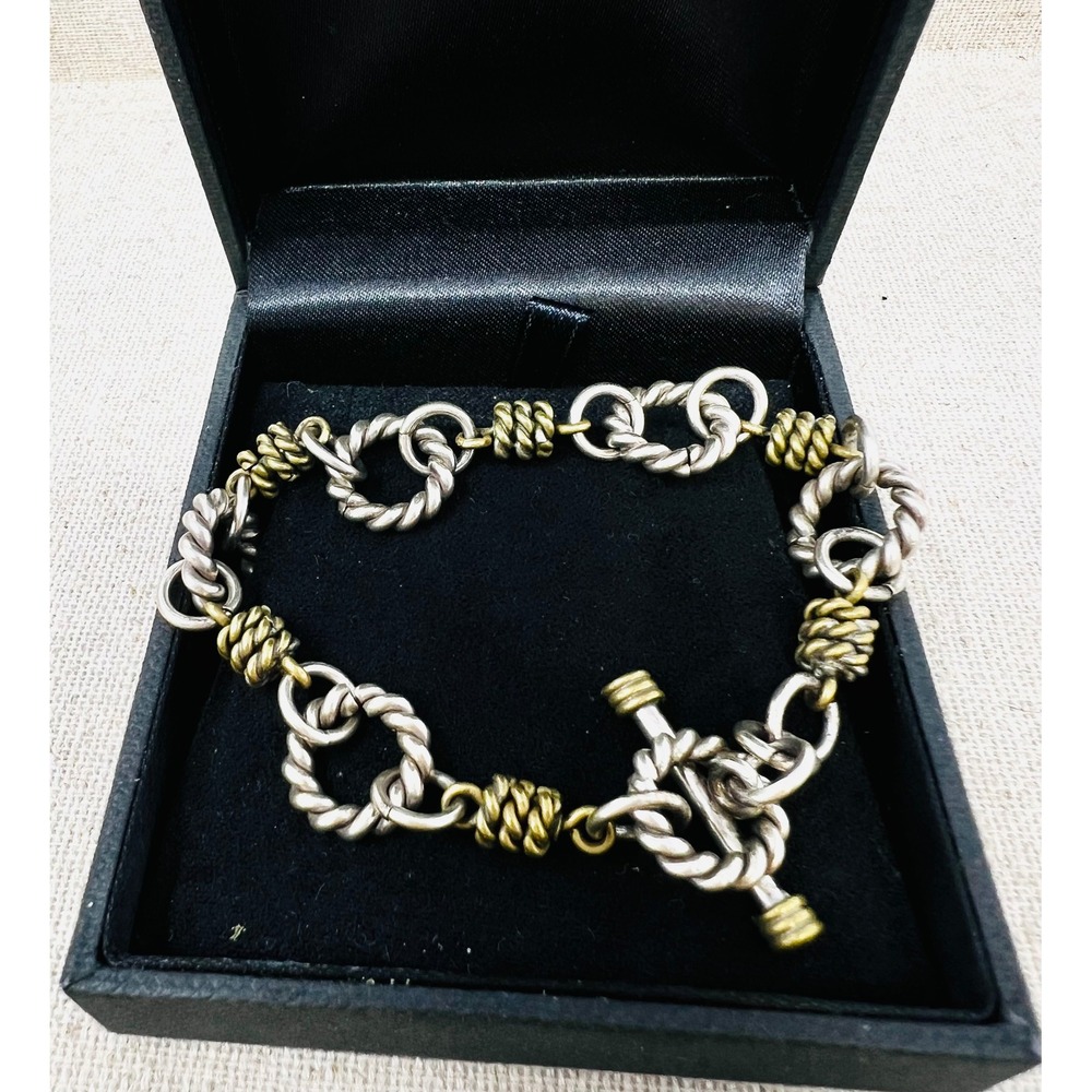 Sterling Silver & Brass Mixed Metal Twisted Rope Link Toggle Bracelet 8"